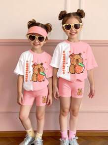 Young Girl Casual Minimalist Short Sleeve Shorts 2 Pieces Set, Suitable For Summer