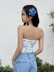 SHEIN 少女休闲简约舒适碎花褶饰设计吊带背心 - 淺藍色 - 查看 2