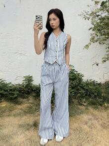 SHEIN Conjunto de Regata e Calça Assimétrica com Decote em V Listrado, Casual para Adolescentes, Confortável e Minimalista
