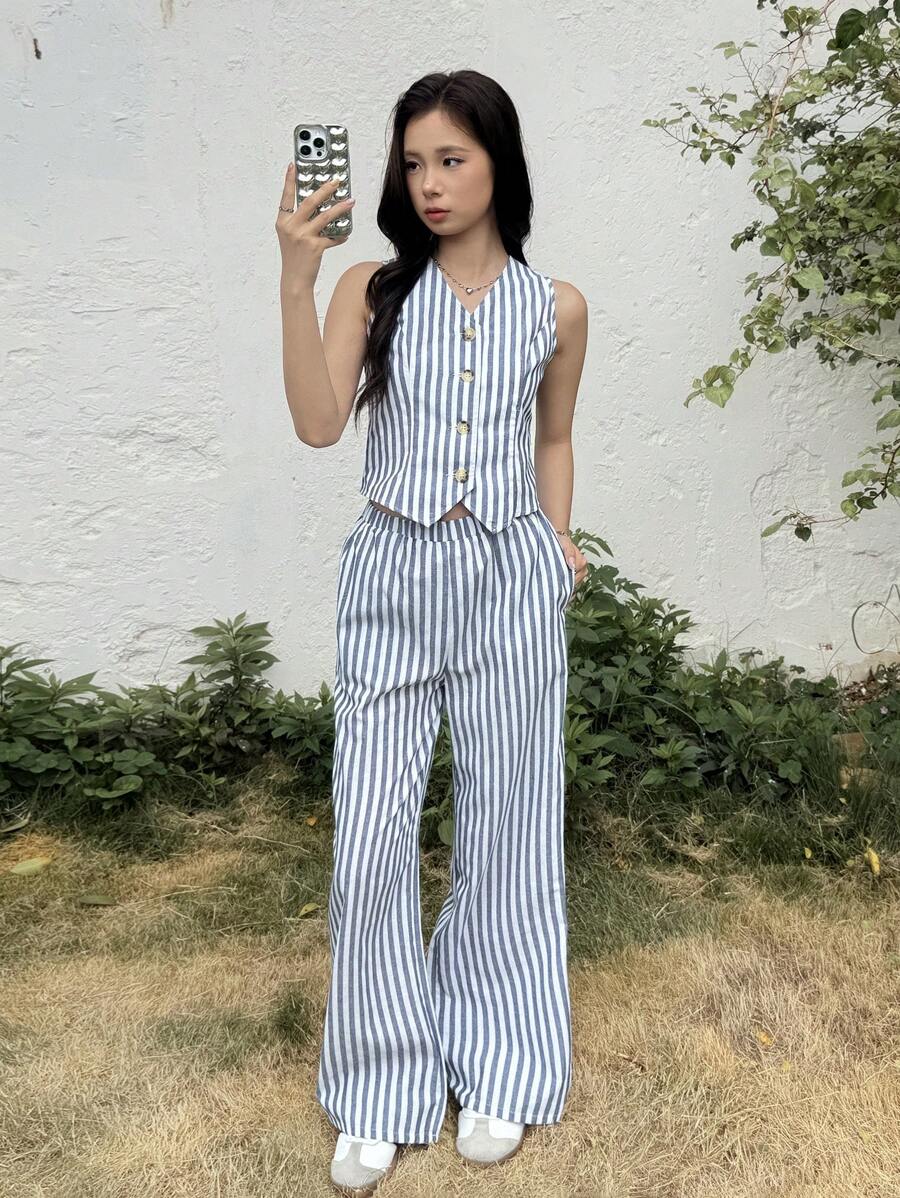 SHEIN Conjunto de Regata e Calça Assimétrica com Decote em V Listrado, Casual para Adolescentes, Confortável e Minimalista