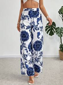 SHEIN Privé Women's Elegant Commute & Casual Vacation Blue & White Floral Print High Waist Palazzo Pants - Blue and White - View 3