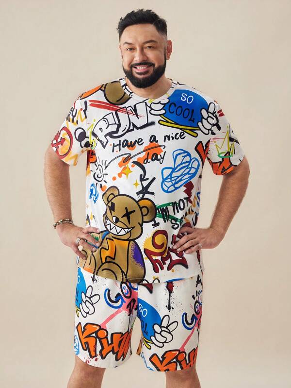 EASEVO Men's Plus Size Knit Leisure Printed Two-Piece Set Summer Outfit