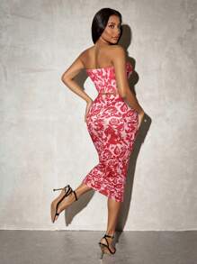 SHEIN SXY 女式花卉印花紧身胸衣上衣和高腰铅笔裙两件套服装，时尚度假装 - 玫紅色 - 查看 5