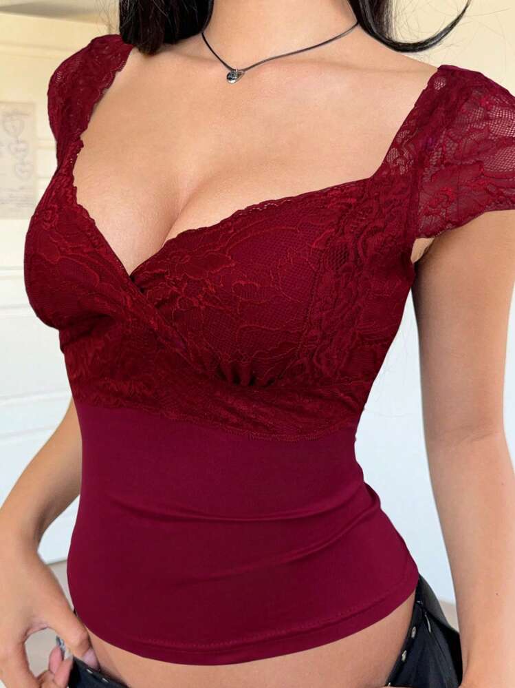 SHEIN EZwear T-shirt décontracté en dentelle bordeaux pour femmes, été