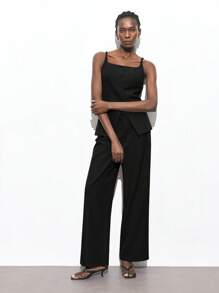 Maija 2025 Winter & Summer New Black Waist Metal Sun Buckle Adjustable Design Side Pockets Wrinkle-Resistant Women's Suit Pants, Chic & Elegant For Party, Urban Commute