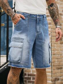 Manfinity LEGND 男士休闲水洗工装牛仔短裤男士短裤 - 藍色 - 查看 7