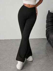 SHEIN Teen Girls' Simple Solid Black High-Waisted Flared Pants For Home, Casual, Outdoor Sports Fall Winter