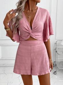SHEIN Clasi Women's Twist V-Neck Short Sleeve Top And Shorts Set, Textured Fabric, Elegant Daily Wear, Sexy Vacation, Spring/Summer