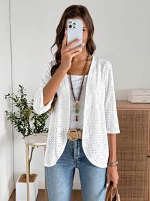 EMERY ROSE Women's Summer Casual Solid Color Hollow Out Embroidered Regular Jacket Summer Tops Going Out Tops Vacation Outfits Woman