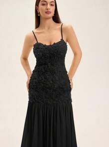 Aveloria Rosie Đầm dự tiệc thanh lịch lãng mạn tinh tế họa tiết hoa 3D Yellow Rose bó eo - Váy peplum xếp ly nhiều màu Chiffon sang trọng, đa năng - màu đen - Xem 3