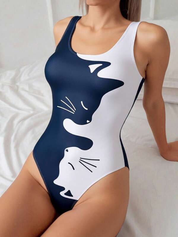 SHEIN Women's Summer Cat Print Round Neck Sleeveless Casual Beach Holiday Cute One-Piece Swimsuit, One-Piece Bathing Suit