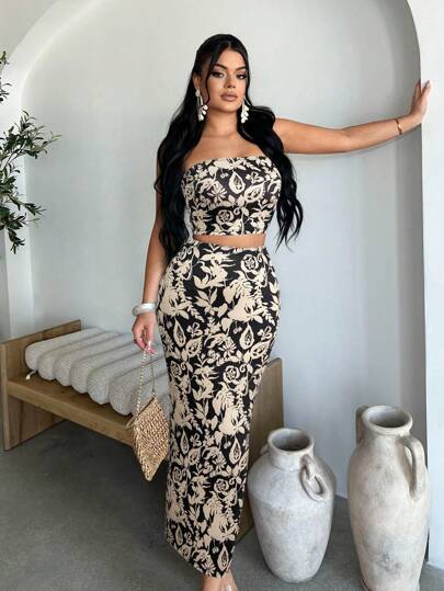 SHEIN SXY 女士全印花吊带背心和半裙两件套，优雅夏季套装