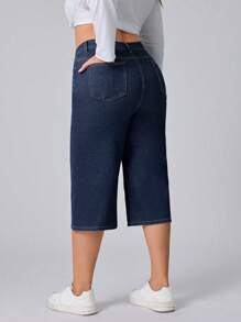 SHEIN CURVE+ Jeans ajustados elásticos azules de verano para mujer de talla grande "Old Money" - Azul lavado oscuro - Ver 3
