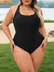 SHEIN CURVE+ 2 件套加大码女式蝴蝶结侧褶黑色连体泳衣，适合海滩度假 - 黑色 - 查看 5