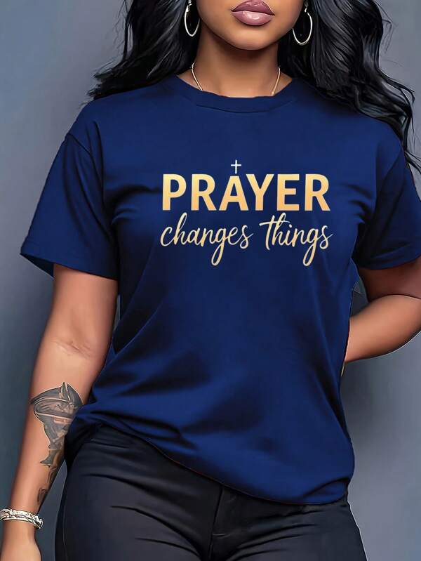 Maweii Featuring A "Prayer Changes Everything" Print And A Golden Cross Design - A Soft And Breathable Round Neck Casual Top Suitable For Daily Leisure, Showcasing A Natural And Elegant Style