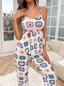 SHEIN Hibiscus Print Ruffle Hem Casual Camisole Top And Long Pants Set - White - View 3
