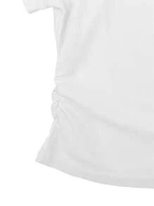 女式休闲拼色褶皱T恤，夏季 - 白色 - 查看 4