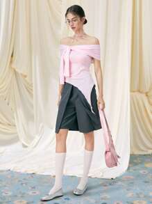 SHEIN MOD Women's Solid Color Cinched Waist Off Shoulder Tie-Up Top ,Women Summer Clothes, Vacation, Pink, Country Concert,Y2k Tops - Pink - View 8