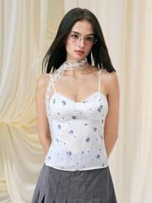 SHEIN MOD 女士碎花褶皱度假吊带背心，返校季、夏季、度假、海滩、浪漫约会、Y2K风格、毕业典礼、婚礼、返校季、甜美浪漫乡村风上衣 - 白色 - 查看 5