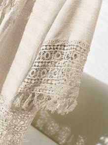 CosyJoli Áo sơ mi ren buộc phía trước họa tiết hoa cỡ lớn cho nữ - Màu be - Xem 4