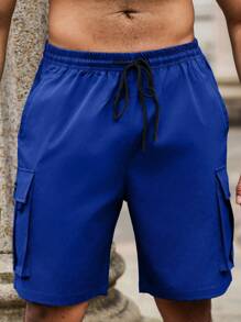 Manfinity LEGND Plus Size Men's Summer Casual Drawstring Waist Cargo Shorts - Blue - View 4