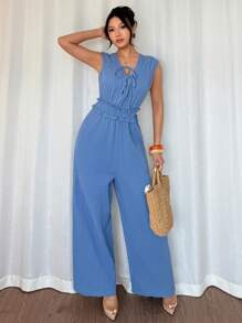 Islaluna Chic V-Neck Drawstring Jumpsuit - Blue - View 3
