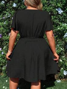 Flirla Rotes Lässig Kleid in Große Größen, Sommer, Alltag, Campus-Stil, Strandurlaub, modischer Lässig-Stil - Schwarz - Übersicht 2