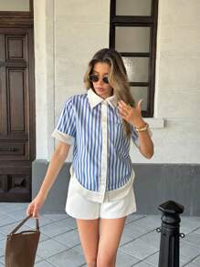 Pariaura Áo sơ mi tay ngắn thường ngày có túi ve áo màu tương phản kẻ sọc chắp vá dành cho nữ - Màu xanh lam - Xem 4