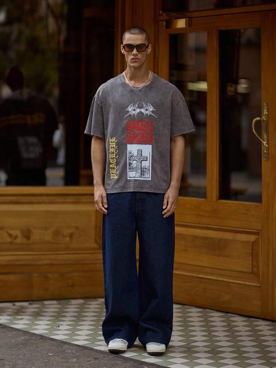 Musero Oversized Graphic Print Short Sleeve T-Shirt Summer Spring Holiday Vacation - Black - View 1