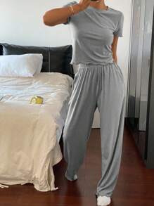 DAZY 简约纯色波浪边装饰修身上衣和裤子家居服套装睡衣 - 灰色 - 查看 3