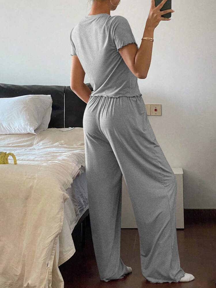 Minimalist Solid Color Wavy Edge Decor Fitted Top And Pants Loungewear Set Pajama