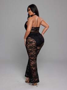 SHEIN LUNE Macacão Plus Size Halter Renda Vazado Floral Elegante Sexy - Preto - Ver 2