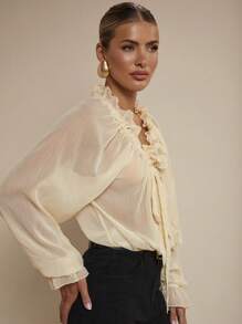 COSMINA 女士简约优雅系带衬衫，波西米亚风，波西米亚风 - 米色 - 查看 4