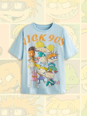 Nick 90's X ROMWE Damen lässiges Loose Fit Rundhals T-Shirt mit Cartoon Muster in Hellblau