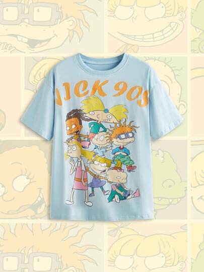 Nick 90's X ROMWE Camiseta de mujer de cuello redondo corte holgado con estampado de dibujos animados en azul claro