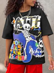 Coolane Tween Girls Spring/Summer Streetwear Y2K Graphic Print Loose T-Shirt, Summer Casual Vintage Sports Tee - Black - View 6