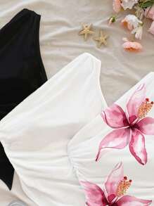 Soleia 3pcs/Set Women Casual Ruched Asymmetric Hemline Tight Camisole Tank Top Set, Suitable For Summer Holiday, Floral Print Suitable For Going Out