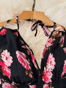 Flirla Plus Size Women Open Back Holiday Floral Print Spaghetti Strap Double Layer Hem Jumpsuit - Multicolor - View 3