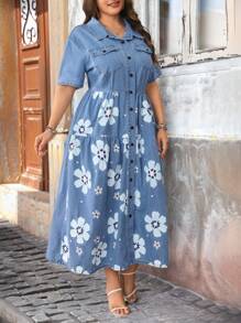 EMERY ROSE 大码女式浅蓝色水洗牛仔印花长裙，休闲度假夏季 - 淺色水洗藍 - 查看 1