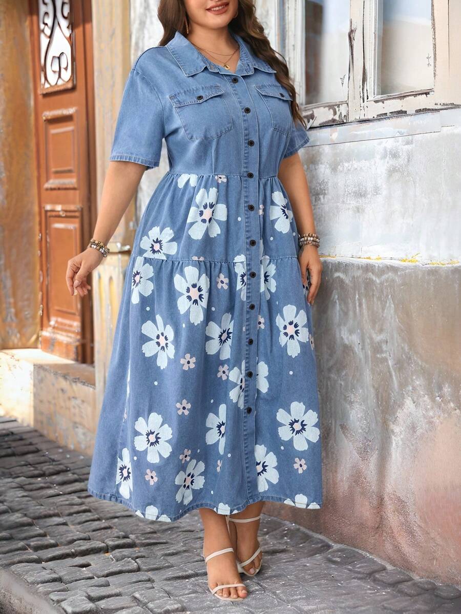 EMERY ROSE 大码女式浅蓝色水洗牛仔印花长裙，休闲度假夏季 - 淺色水洗藍 - 查看 1