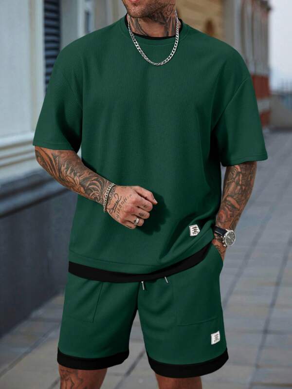 Manfinity CasualCool Men's Summer Casual Colorblock Splicing T-Shirt And Shorts Set Mens 2 Pieces Outfits Street Mens 2 Pieces Outfits Mens Two Pieces Casual Two Pieces Outfit For Men Men Outfits 2 Pieces