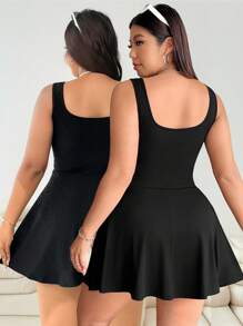 SHEIN EZwear 2 件装加大码女式夏季休闲纯色方领抽绳腰连体裤 - 黑色 - 查看 3