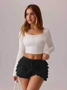 SHEIN SXY Quần short cạp thấp viền ren trắng xếp nếp - màu đen - Xem 5