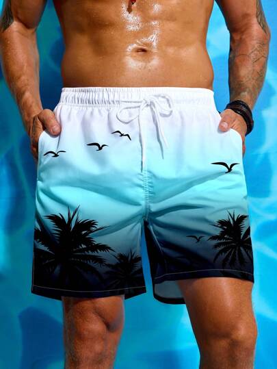 Surfspeed Men's Gradient Color Plant Print Pocket Drawstring Waist Beach Shorts, Suitable For Summer, Hawaiian Men Beach Clothes Men Vacation Men Beach Shorts