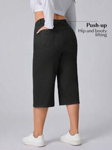 Flexra Plus Size Women Elastic Casual Straight Leg Capri Jeans - Dark Grey - View 2