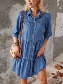 EMERY ROSE Women's Summer Casual Tiered Hem Puff Sleeve Single-Breasted Denim Dress - Medium Wash - View 6