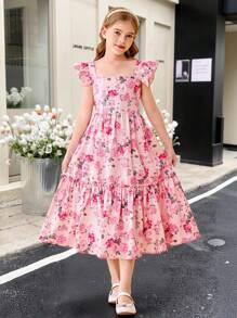 SHEIN Vestido con estampado floral, mangas cortas y escote en V para niña preadolescente, estilo de vacaciones - Rosa - Ver 7
