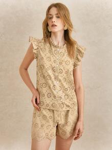 Écloséra 女装优雅盖袖吊带短款刺绣镂空休闲度假两件套度假两件套夏季套装女休闲套装女度假装