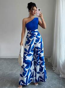 Elenzga 女式休闲植物印花拼接阔腿连体裤，度假风格 - 藍色 - 查看 1