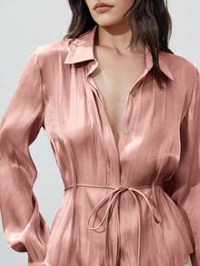 Aveloria Modichic 新款时尚优雅简约女式衬衫，采用闪亮缎带腰带设计，翻领，长袖，美观 - 粉色 - 查看 6